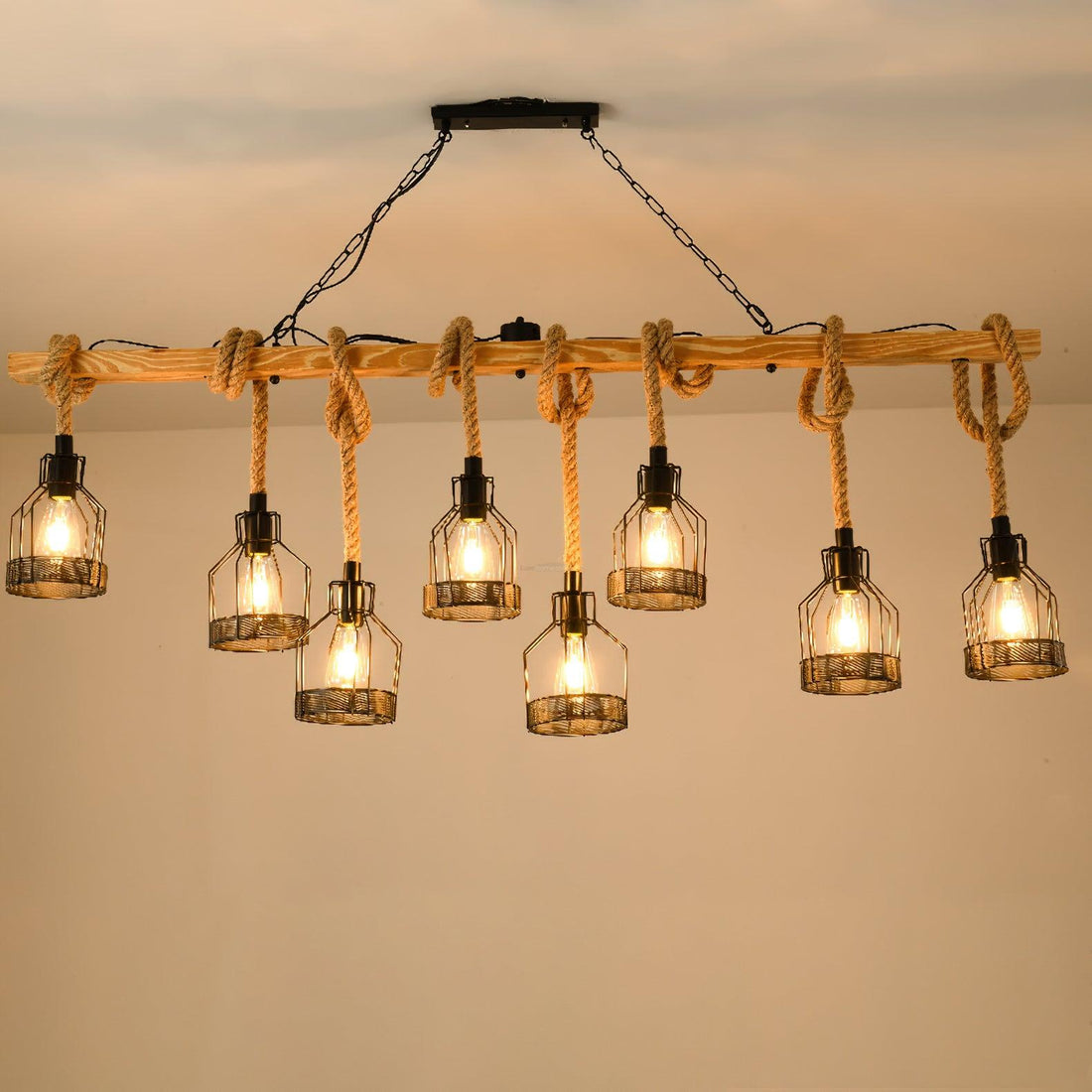 Hemp Rope Industrial Grenade Chandelier with 5/8 heads