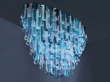 Lampadario in vetro di Murano a pioggia blu / cascata ovale