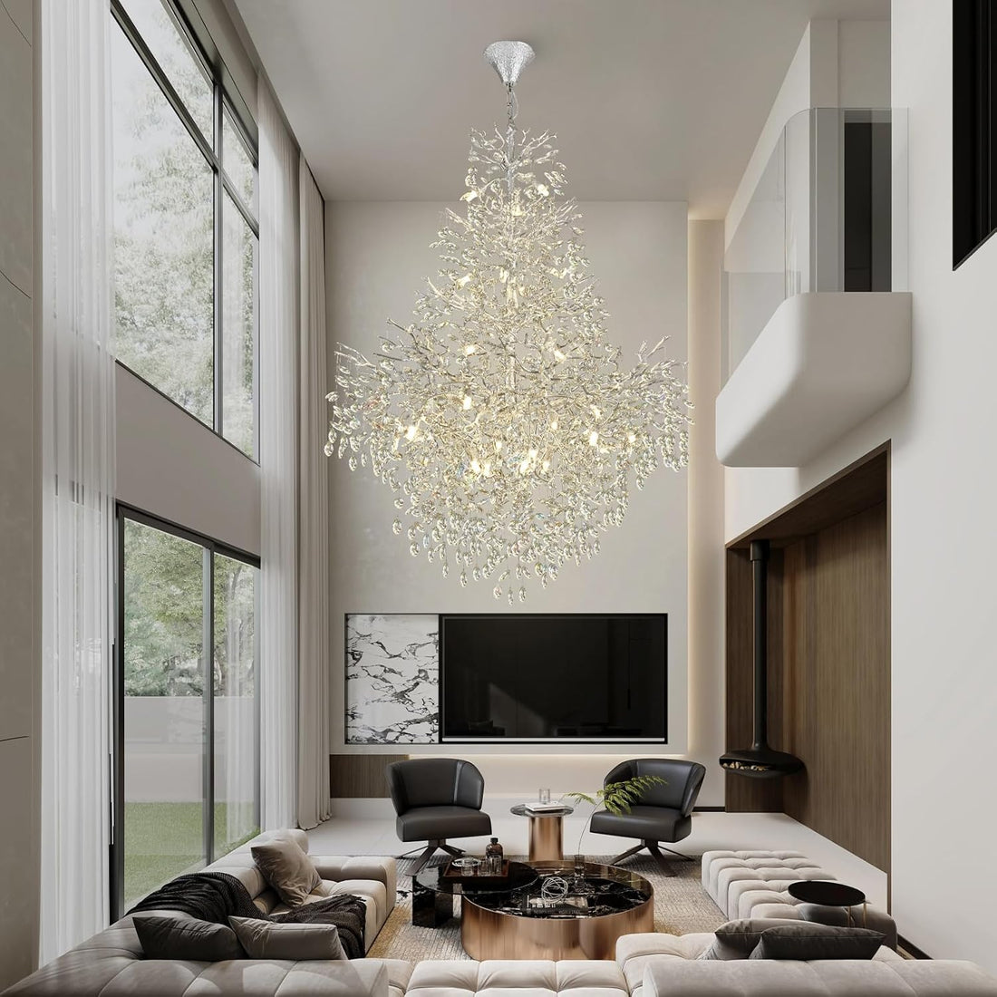 Silver Tree Branch Crystal High Ceilings Chandeliers - Fast Delivery-1-Luxehomezone