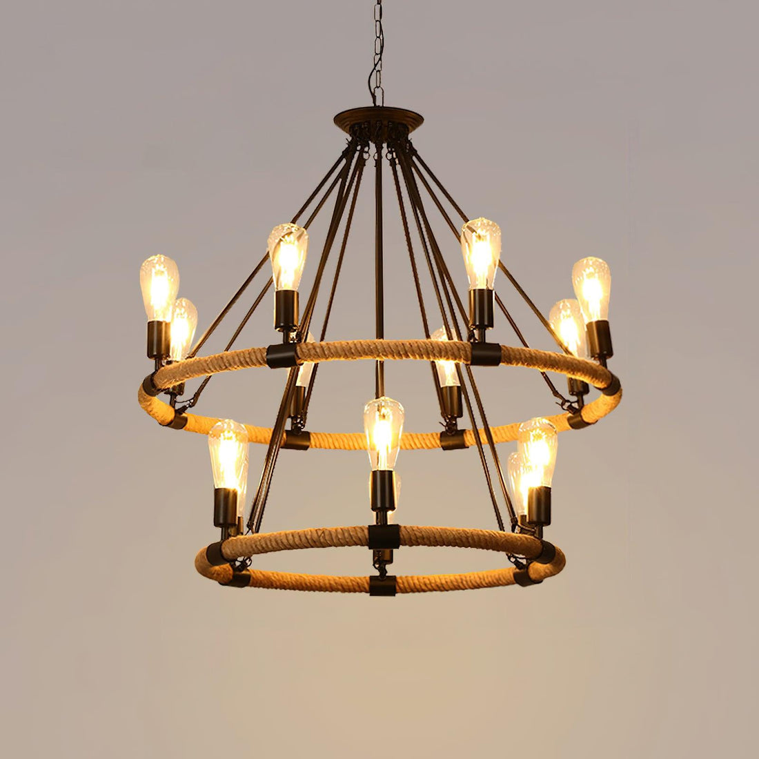 Lustre industriel à grand cercle en corde de chanvre ∅ 23,6″